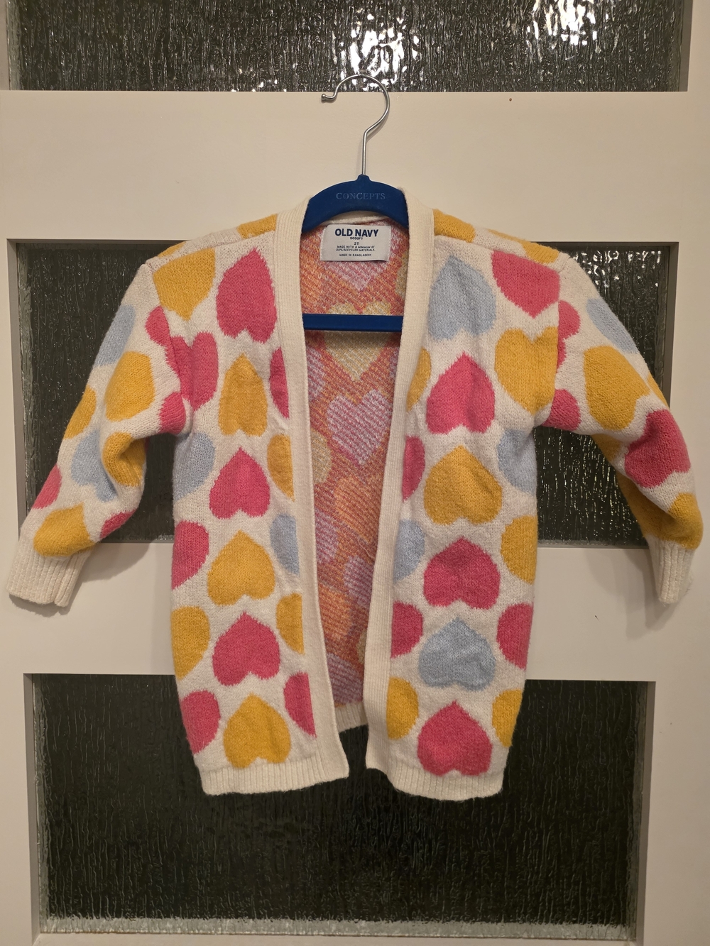 Old Navy White Cardigan with Pink, Yellow & Light Blue Hearts